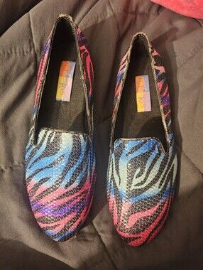 Hot Cakes Womens 7.5 M Rainbow Zebra Sequin Loafers Smoking Flats Multicolor